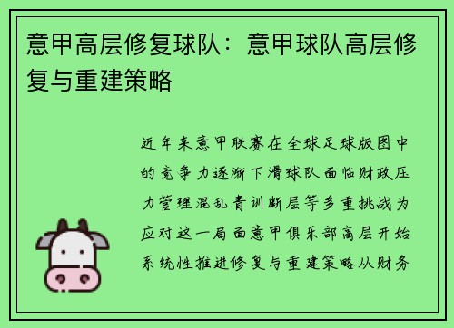 意甲高层修复球队：意甲球队高层修复与重建策略