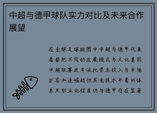 中超与德甲球队实力对比及未来合作展望